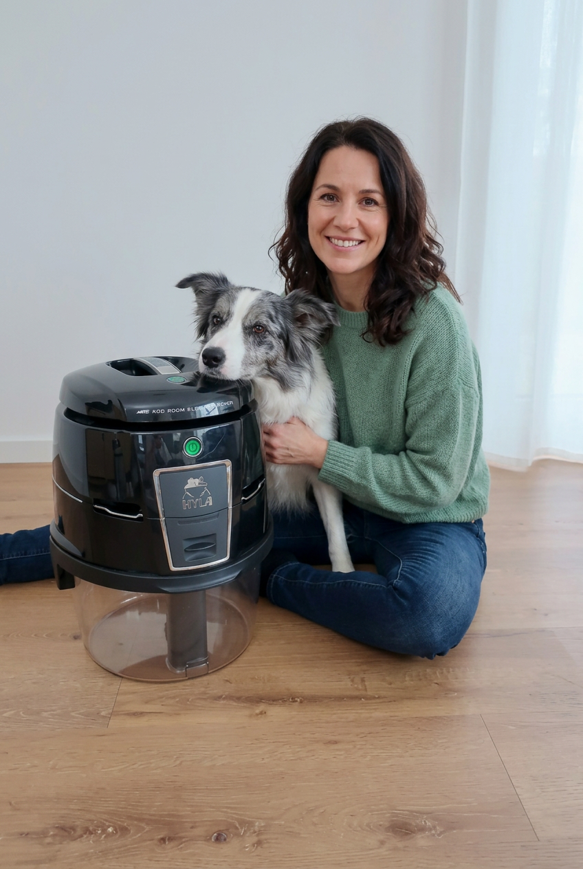 Selbstständige Vertriebspartnerin mit ihrem Hund neben einem HYLA Wasserfiltersauger im Wohnzimmer
