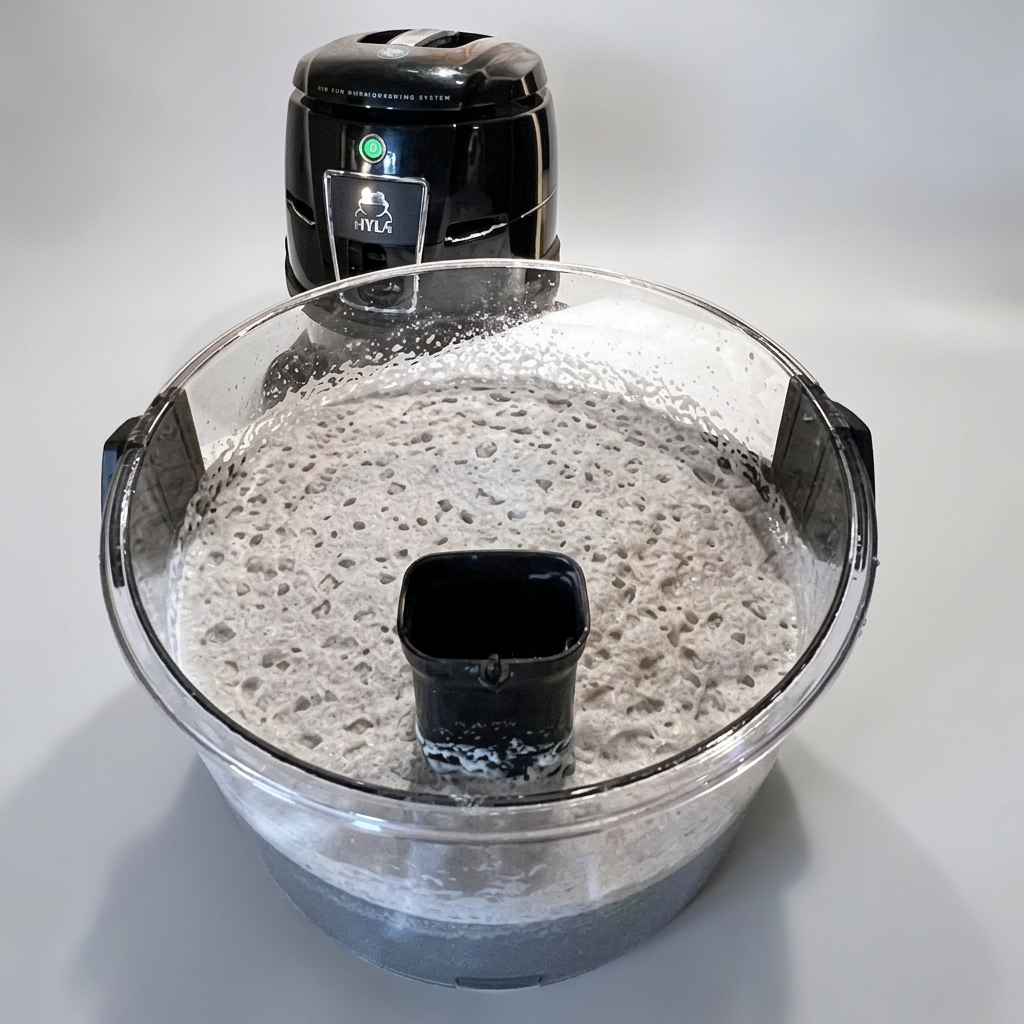 Filterbehälter eines HYLA Wasserfiltersaugers mit grauem Schmutzwasser nach der Vorführung